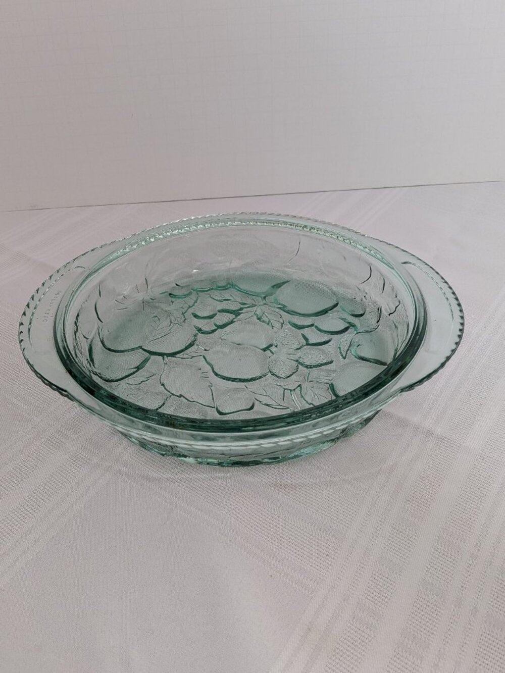 Vintage Libbey Glass 9 Inch Pie Plate Orchard Fruit Green Embossed